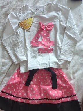 Mud Kingdom Pink and White Polka Dot '4' Birthday Costume Set